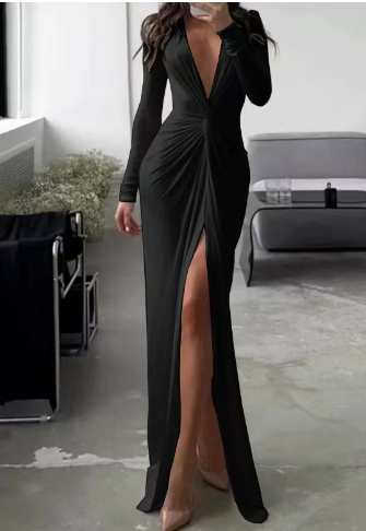 Women's V-Neck High Slit A-Line Dress – Waist-Cinching, 4 Colors, S–XL