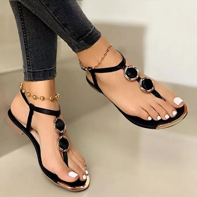 Women's Metal Buckle Flat Sandals – Round Toe, Euro-American Style, 3 Colors, US 6–12