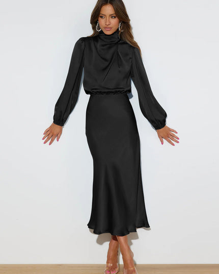 Satin Halter Neck Midi Dress – Lantern Sleeve Formal Evening Dress