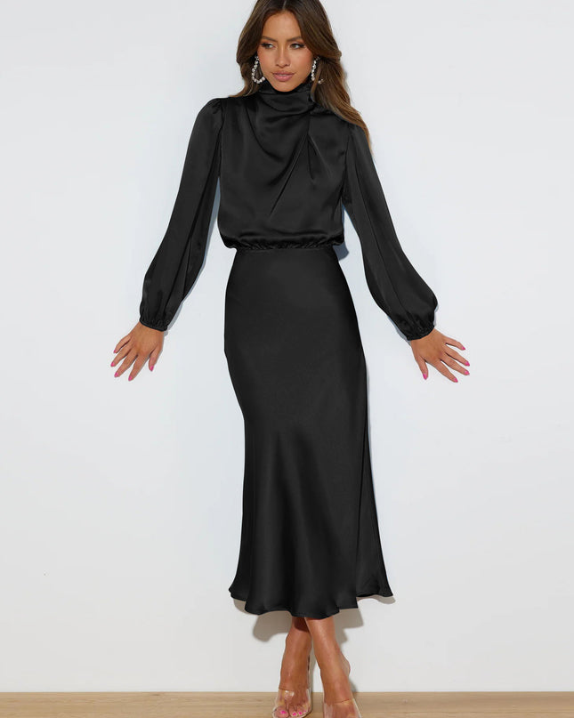 Satin Halter Neck Midi Dress – Lantern Sleeve Formal Evening Dress