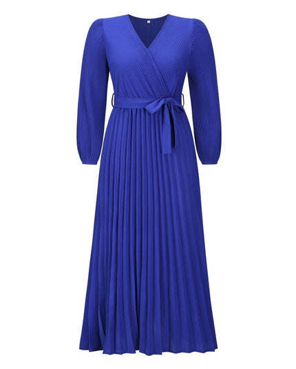 Women's V-Neck Long Sleeve Pleated A-Line Dress – Ice Silk, 5 Colors, S–XXL