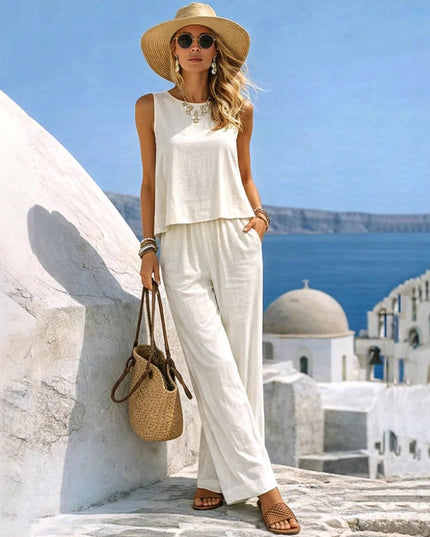 Women's Casual Cotton-Linen Tank Top & Wide-Leg Pants Set