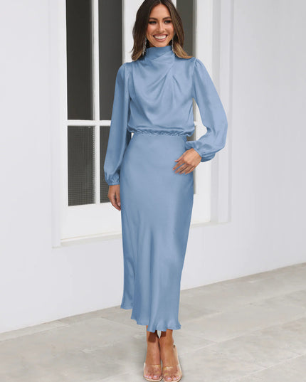 Satin Halter Neck Midi Dress – Lantern Sleeve Formal Evening Dress