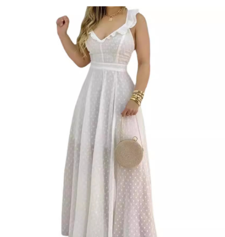 Women's Sleeveless V-Neck Swing Maxi Dress – White & Pink, S–XL