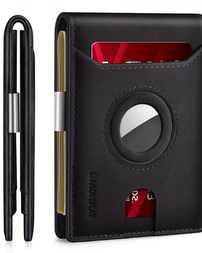 Men's Genuine Leather Slim Bifold Wallet with AirTag Holder & RFID Blocking