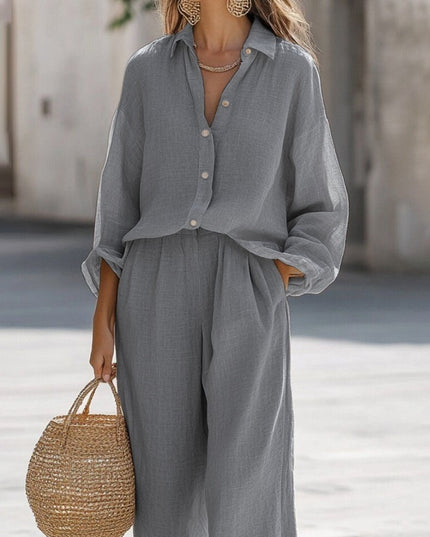 Women's Casual Lapel Long-Sleeve Shirt & Trousers Two-Piece Set – 6 Colors, S–3XL
