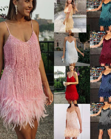 Sequin Feather Tassel Mini Dress | Spaghetti Strap V-Neck Party Dress for Women