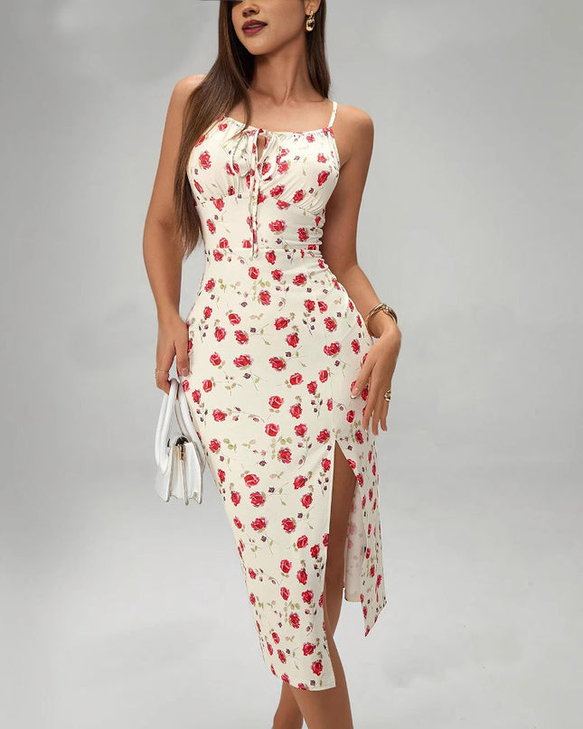 Printed Lace-Up Split Midi Dress
