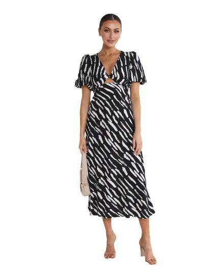 Women's Zebra Print Maxi Dress – V-Neck, Ruffle Sleeves & High Waist, S–XL
