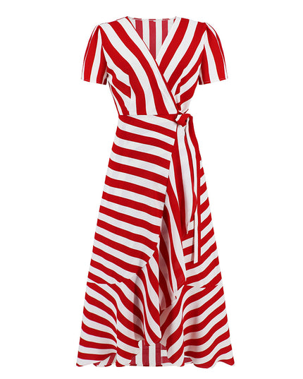 Women's Ice Silk Striped Maxi Dress – Slim Fit, Short Sleeve, 4 Colors