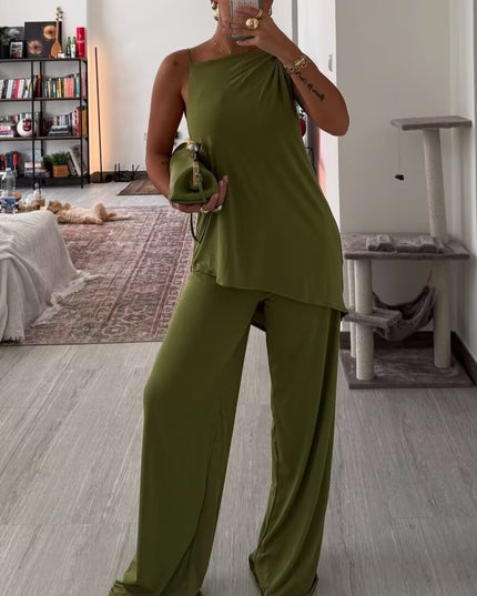 Asymmetrical Pleated Camisole & Wide-Leg Pants Set