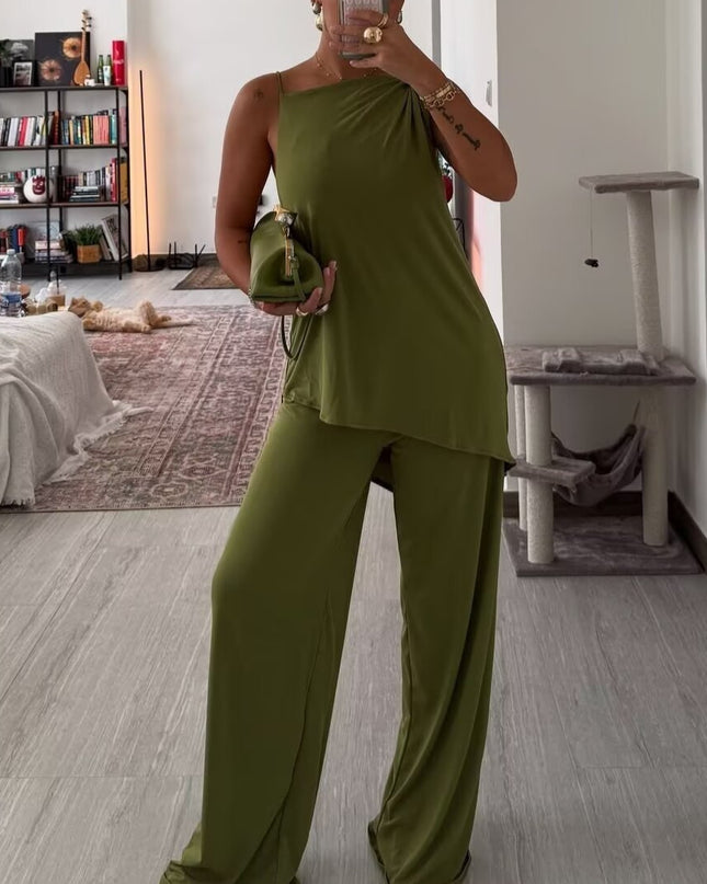 Asymmetrical Pleated Camisole & Wide-Leg Pants Set