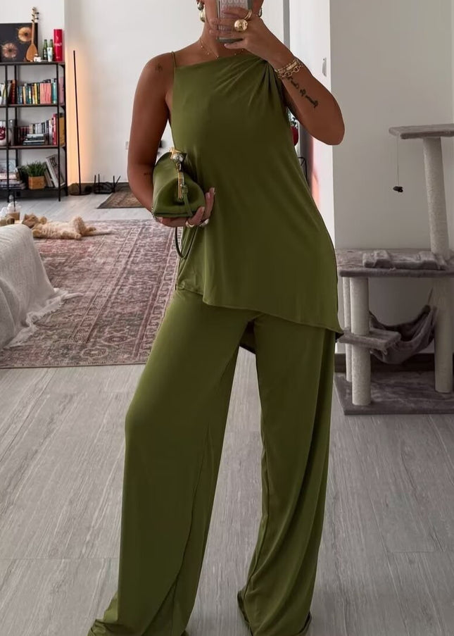 Asymmetrical Pleated Camisole & Wide-Leg Pants Set