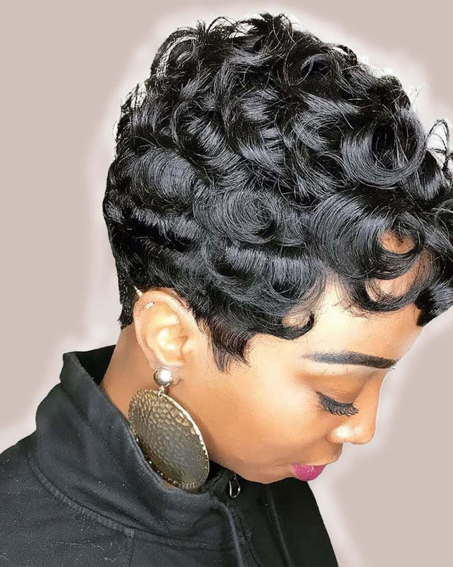 Short Pixie Cut Human Hair Wig – Glueless, Pre-Plucked, Natural Black (1B#)