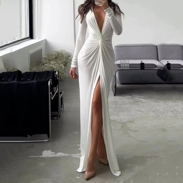 Women's V-Neck High Slit A-Line Dress – Waist-Cinching, 4 Colors, S–XL