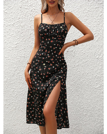 Polka Dot Suspender Maxi Dress – Flowy Split Summer Dress
