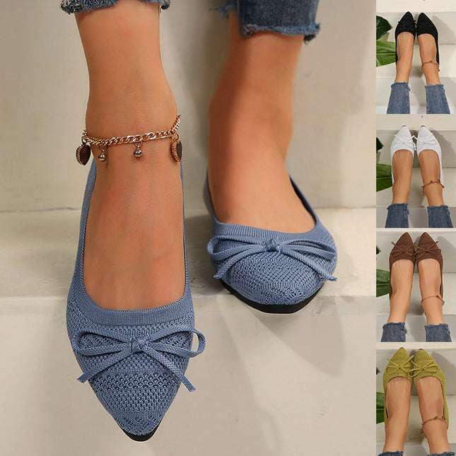 Women's Bow Knitted Flat Loafers – Pointed Toe | Slip-On Flats | 6 Colors