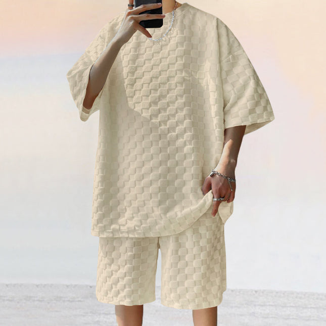 Men's Jacquard Plaid Casual Shorts Suit – Loose Fit 2-Piece Set | 4 Colors | S–XXXL