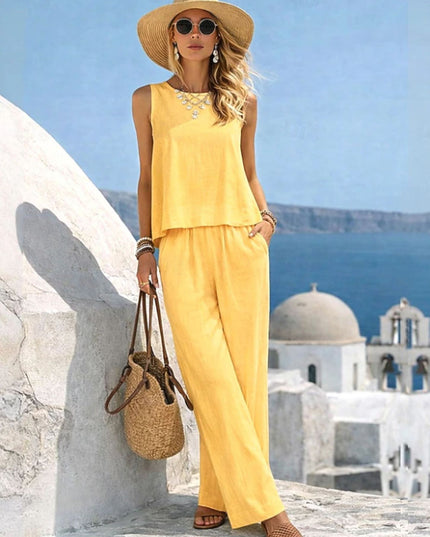 Women's Casual Cotton-Linen Tank Top & Wide-Leg Pants Set