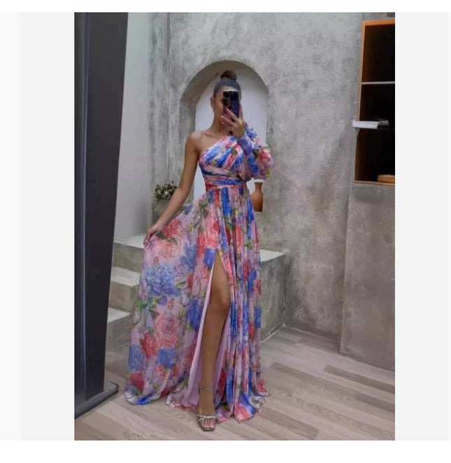One-Shoulder Floral Print Maxi Dress – Long Sleeve Swing Gown