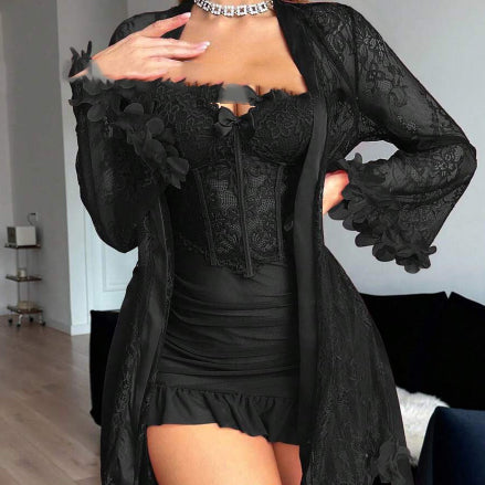 Women's Sheer Lace Slip Nightgown & Robe Set – 6 Colors, S–XL