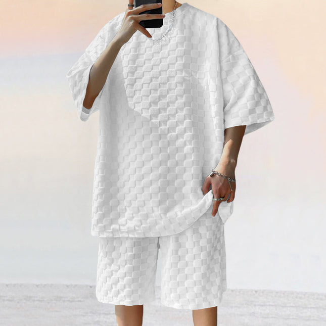 Men's Jacquard Plaid Casual Shorts Suit – Loose Fit 2-Piece Set | 4 Colors | S–XXXL