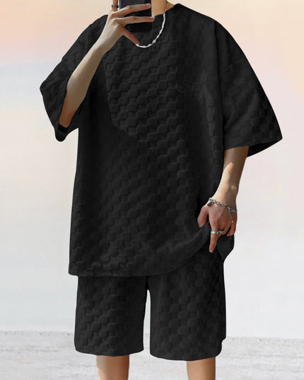 Men's Jacquard Plaid Casual Shorts Suit – Loose Fit 2-Piece Set | 4 Colors | S–XXXL