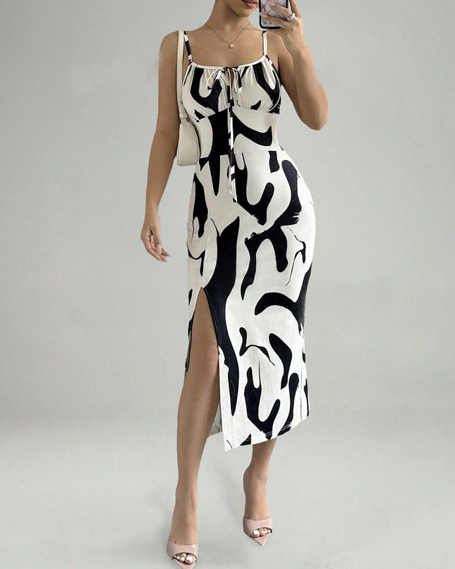 Printed Lace-Up Split Midi Dress