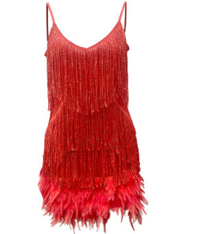 Sequin Feather Tassel Mini Dress | Spaghetti Strap V-Neck Party Dress for Women