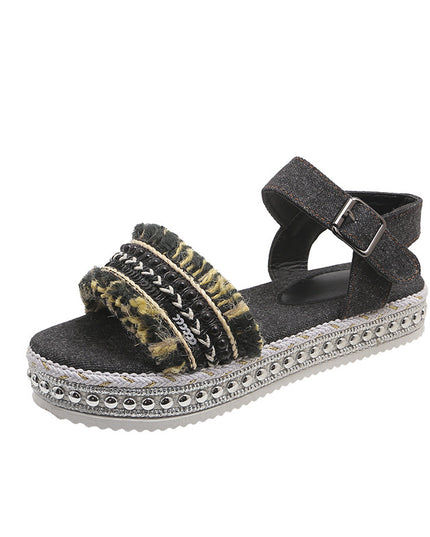 Women's Tassel Denim Flat Sandals – Thick Sole, Buckle Closure, Boho Style, 2 Colors, US 6–11