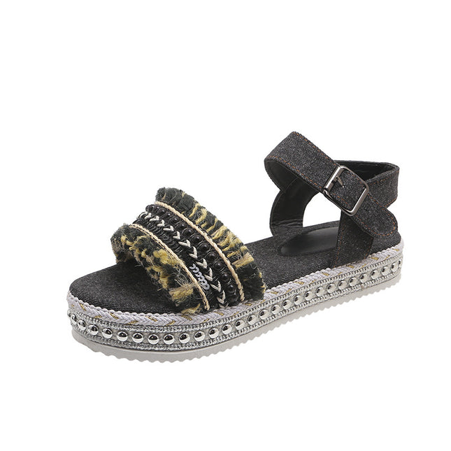 Women's Tassel Denim Flat Sandals – Thick Sole, Buckle Closure, Boho Style, 2 Colors, US 6–11