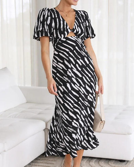 Women's Zebra Print Maxi Dress – V-Neck, Ruffle Sleeves & High Waist, S–XL