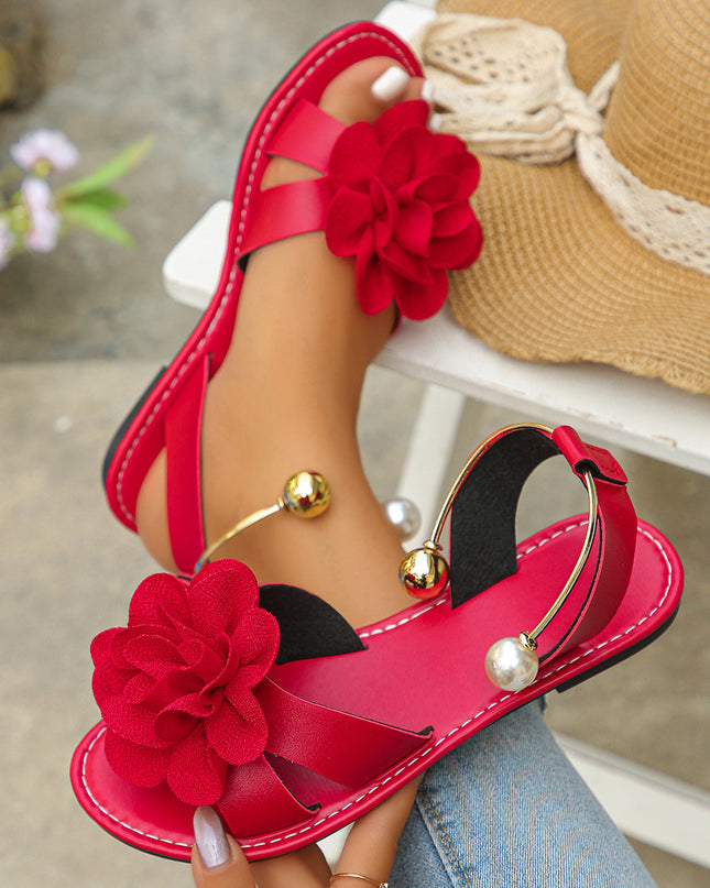 Women's Flat Open-Toe Fashion Sandals – Floral Detail, 4 Colors, US 5.5–11