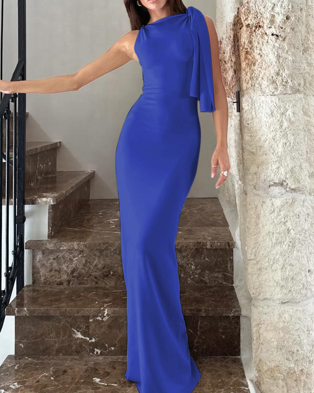 One-Shoulder Ribbon Bodycon Maxi Dress | Sleeveless Evening Party Dress for Women