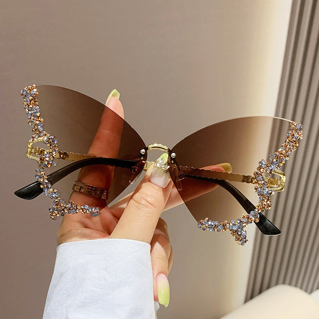 Diamond Butterfly Sunglasses – Y2K Rimless Oversized Shades