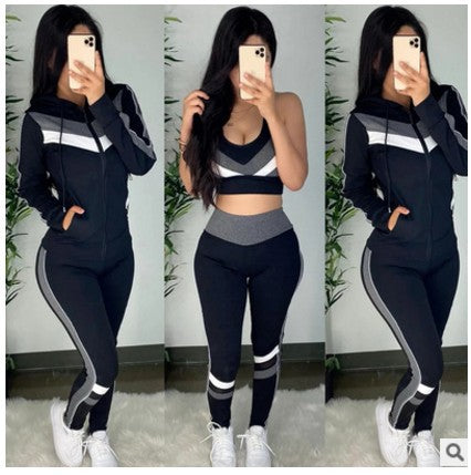 Women's 3-Piece Striped Casual Hoodie Set – Bra, Coat & Pants | 5 Colors, S–XL