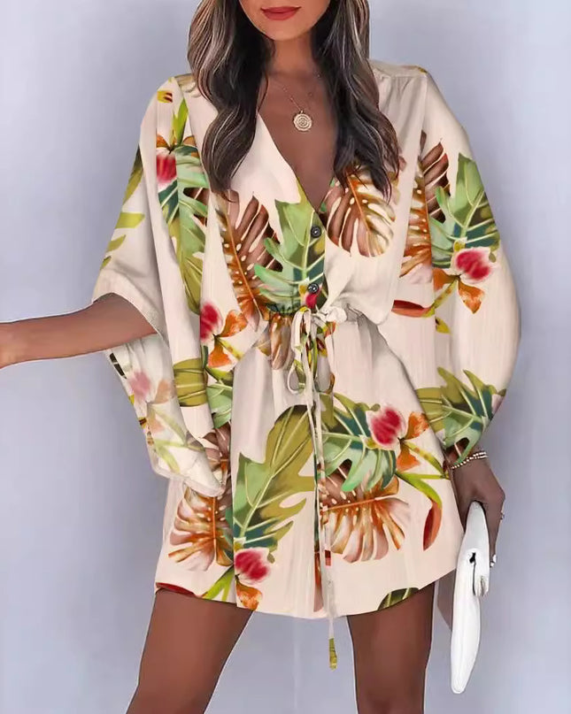 Women's Silk A-Line Printed Dress – V-Neck, Flying Sleeves, S–XXXL