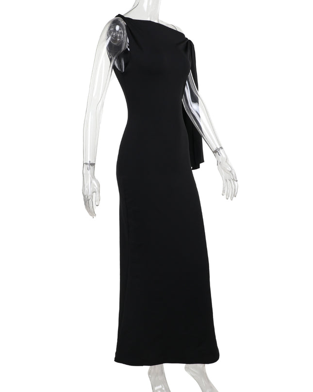 One-Shoulder Ribbon Bodycon Maxi Dress | Sleeveless Evening Party Dress for Women