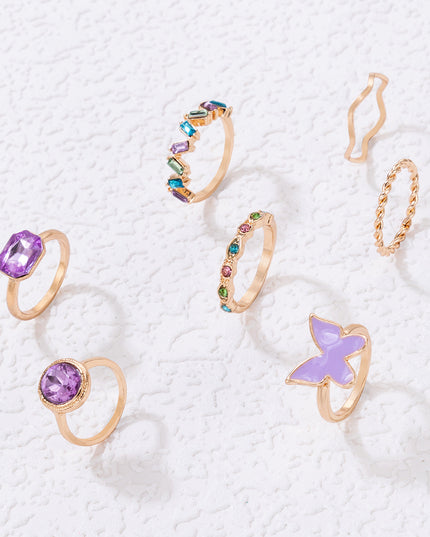 Set Of Seven Geometric Hemp Pattern Rings