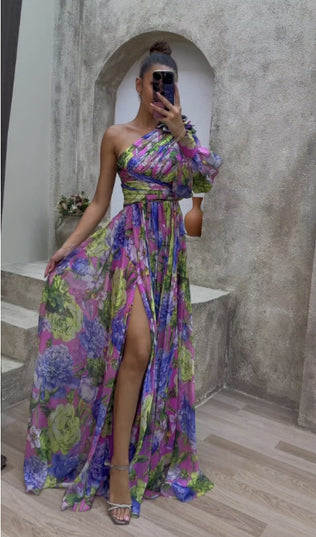 One-Shoulder Floral Print Maxi Dress – Long Sleeve Swing Gown