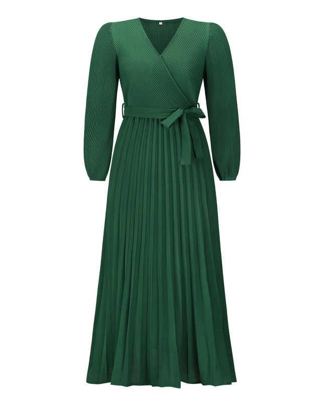 Women's V-Neck Long Sleeve Pleated A-Line Dress – Ice Silk, 5 Colors, S–XXL