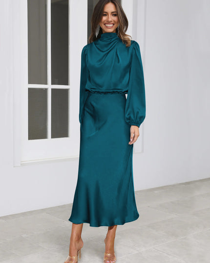 Satin Halter Neck Midi Dress – Lantern Sleeve Formal Evening Dress