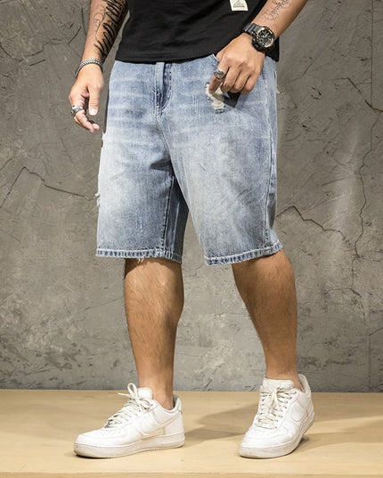 Men's Stretch Denim Five-Point Shorts – Cotton Blend, 6 Blue Shades, W28–38