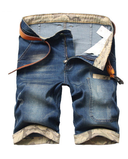 Men's Loose Straight-Cut Patch Denim Shorts – Cotton, Blue, Sizes 28–38