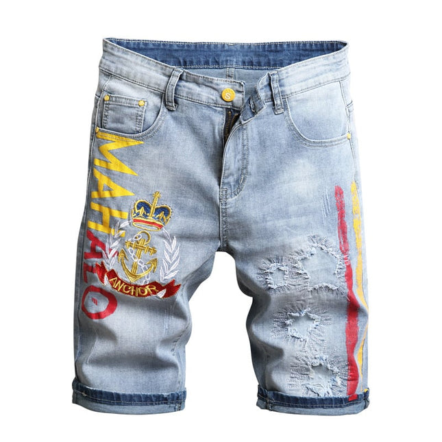 Men's Stretch Denim Five-Point Shorts – Embroidered & Printed, 4 Styles, Sizes 28–38