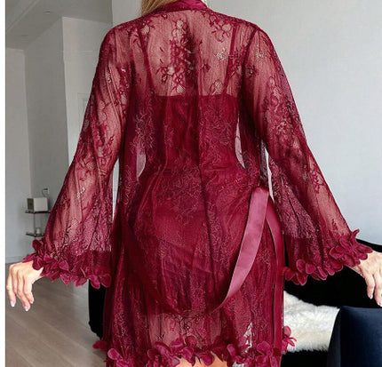 Women's Sheer Lace Slip Nightgown & Robe Set – 6 Colors, S–XL