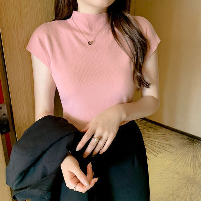 Women's Ice Silk Knit Top – Half-High Collar, Slim Fit, 9 Colors