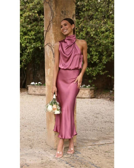 Halter Neck High Waist Maxi Dress – Sleeveless Zipper Evening Dress