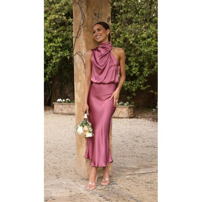 Halter Neck High Waist Maxi Dress – Sleeveless Zipper Evening Dress