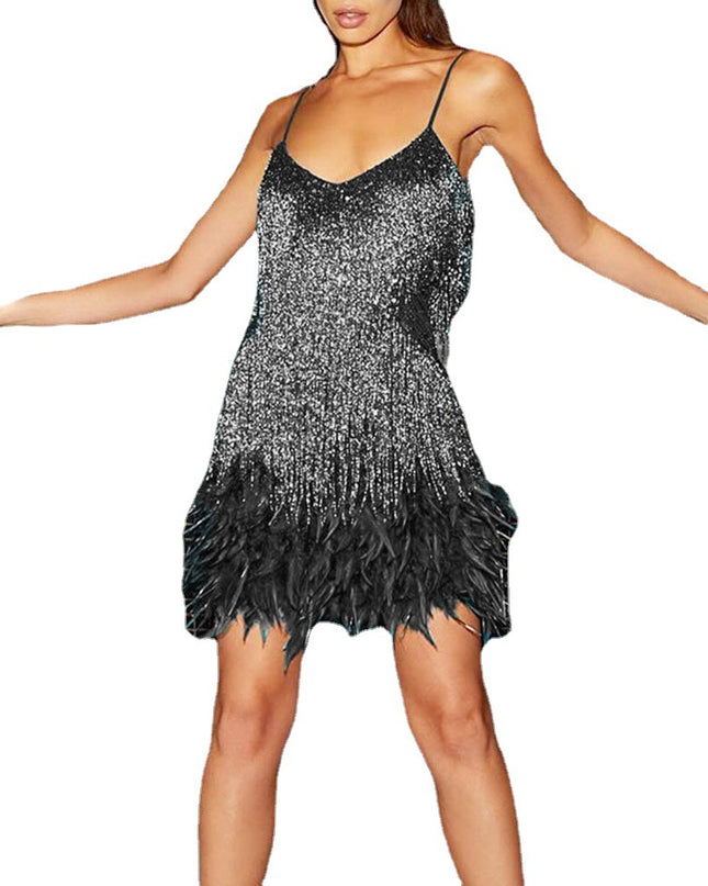 Sequin Feather Tassel Mini Dress | Spaghetti Strap V-Neck Party Dress for Women
